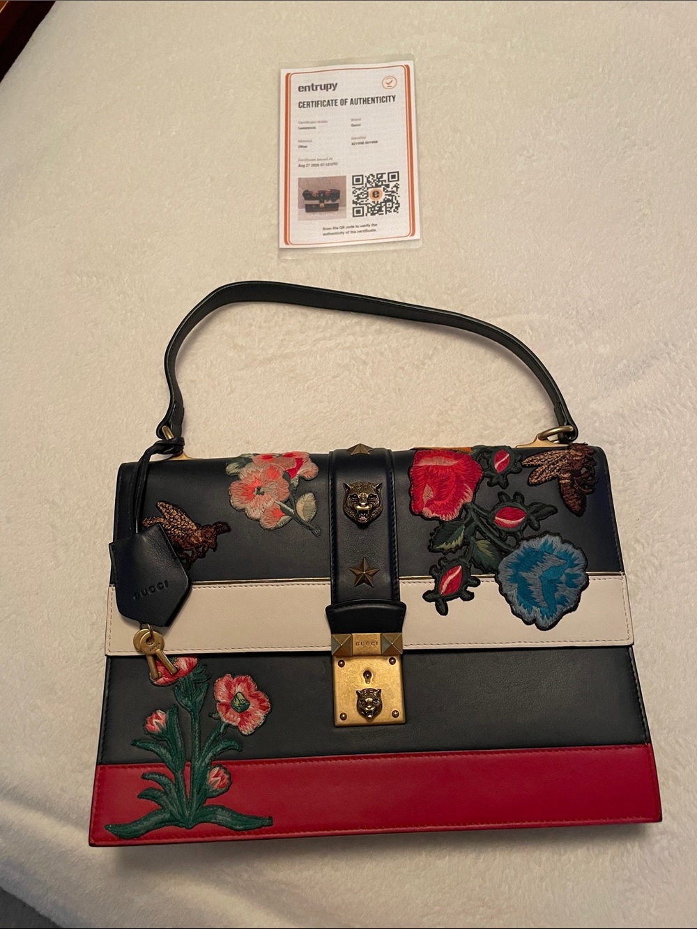 Gucci RARE Navy Red White Multicolor Floral Embroidered Top Handle With lock